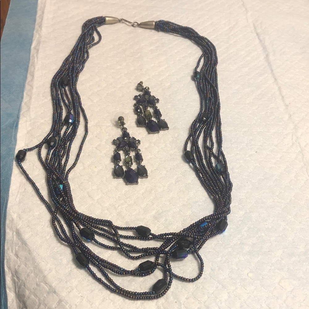 Multi-Strand Navy Beaded Necklace with Matching Earrings - Women Jewelry